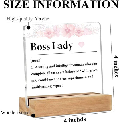 Best Boss Lady Gifts For Women Clear Desk Decorative Sign Appreciation Gift for Going Away Boss Day Acrylic Sign with Wooden Stand Table Plaque Keepsake Home Office Desk Shelf Cubicle Decor