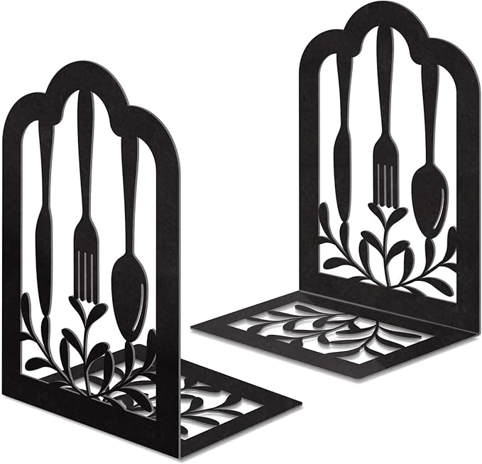 Book Ends,Metal Bookend,Bookend Decorative Heavy Book Ends for Shelves, Home Decorative Bookends for Heavy Books,Non-Skid Black Book Holder for Kitchen Housewarming Cooking Lover Gifts