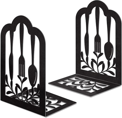 Book Ends,Metal Bookend,Bookend Decorative Heavy Book Ends for Shelves, Home Decorative Bookends for Heavy Books,Non-Skid Black Book Holder for Kitchen Housewarming Cooking Lover Gifts
