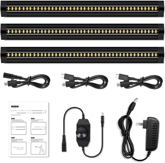 inShareplus 3 Pack 13 inch LED Under Cabinet Lighting, Dimmable, Natural White 4500K, CRI90+, 450Lumens, DC 12V Ultra Thin Under Counter Kitchen Lighting for Kitchen, Shelf, Cupboard, Black
