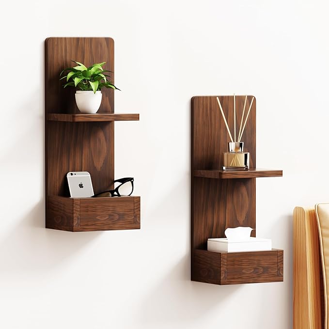 2-Tier Walnut Floating Wall Shelf, 20x8x6 Wall-Mounted Wooden Beside Shelf/Nightstand for Home Décor, Plants, Cosmetics, Bathroom, Kitchen, Bedroom Storage (Walnut with Box)