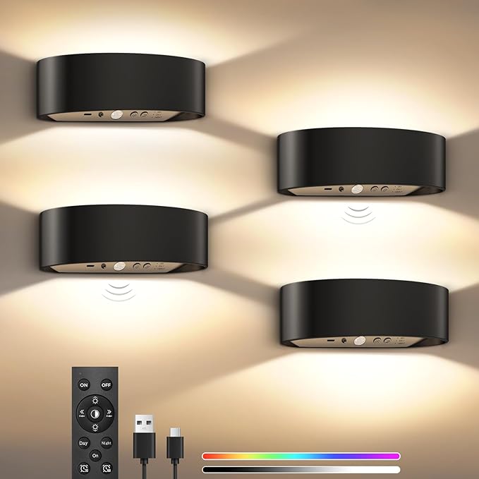Motion Sensor Wall Sconces Set of 4, Rechargeable 5000mAh Battery Operated Wall Light with Remote Control 3 Colors Temperatures & Dimmable 15 RGB Colors Up and Down Wireless Wall Mount Light