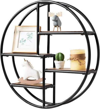 Tangkula Round Wall Shelf, Wall-Mounted Circular Shelf, Wood & Iron Wall Hanging Shelves, 4-Tier Circle Shelf Wall Decor for Home Office, Circular Floating Shelves (1, Black)
