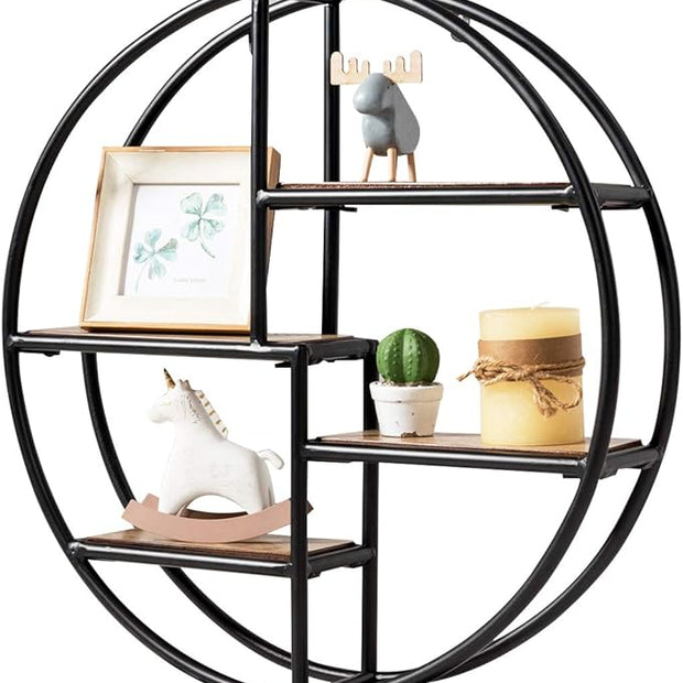 Tangkula Round Wall Shelf, Wall-Mounted Circular Shelf, Wood & Iron Wall Hanging Shelves, 4-Tier Circle Shelf Wall Decor for Home Office, Circular Floating Shelves (1, Black)