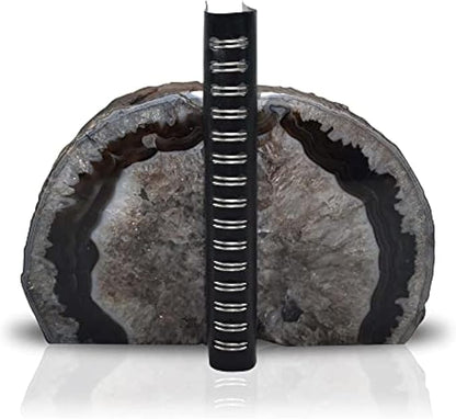 Nature's Decorations A Quality Black Agate Geode Bookends - Heavy Duty with Non-Skid Rubber Bumpers for Shelves, Office, Home Decor - Cool Crystal Stone (1 Pair 3-4 LB)