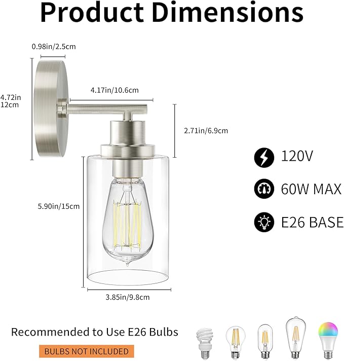 Brushed Nickel Wall Light: LED Wall Sconces Indoor, Modern Sconces Wall Lighting with E26 Base and Clear Glass Shade, Wall Light Fixtures for Bedroom, Hallway, Mirror, Living Room