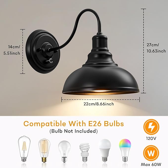 Lightess Dimmable Wall Sconces with Switch, Industrial Gooseneck Wall Light with Dimmer, Black Wall Mounted Bedside Lamps Set of Two