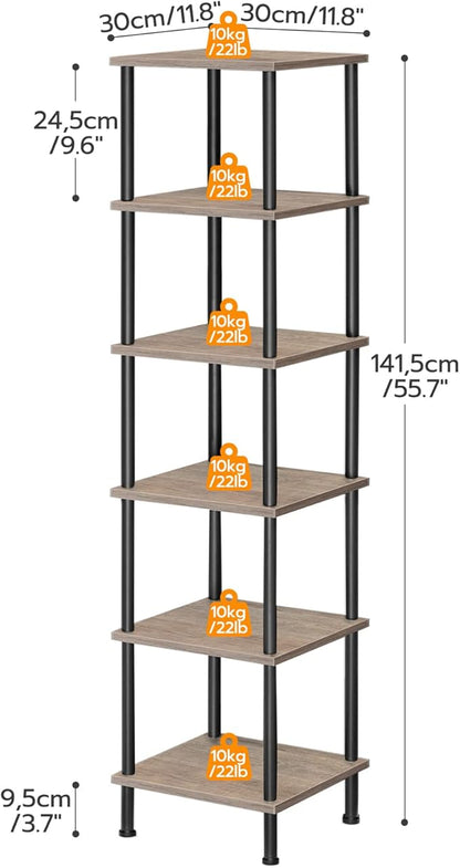 HOOBRO 6-Tier Corner Shelf, Corner Square Rack Display Shelf, Tall Storage Rack Plant Stand, Bookcase for Small Spaces, Living Room, Home Office, Kitchen, Greige and Black BG55CJ01