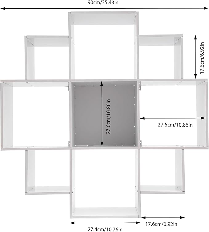 3-Tiers Wall Mounted Geometric Bookshelf, Morden Irregular Nine-Grid Bookshelf, 90cm Tall Decorative Display Shelf (White)