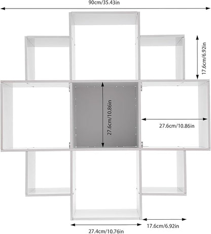 Wall Mounted Book Shelf 3-Tiers 9 Compartment Geometric Bookshelf Decorative Display Open Shelves Floating Shelf Bookcase Holds up to 66.1 lbs (White)