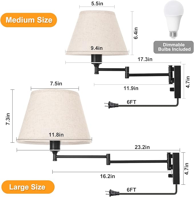 TRLIFE Wall Sconce with Remote Control, Dimming 10%-100% and Adjustable Color Temperature 2700K-6500K Swing Arm Wall Lights with Plug in Cord, 9.4