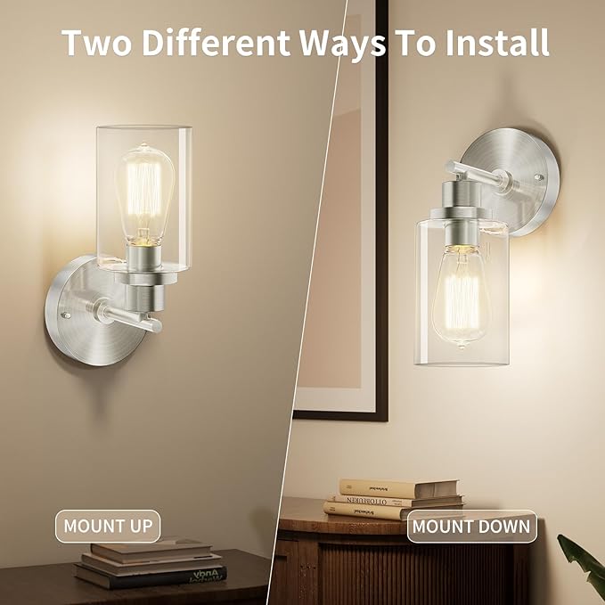Brushed Nickel Wall Light: LED Wall Sconces Indoor, Modern Sconces Wall Lighting with E26 Base and Clear Glass Shade, Wall Light Fixtures for Bedroom, Hallway, Mirror, Living Room
