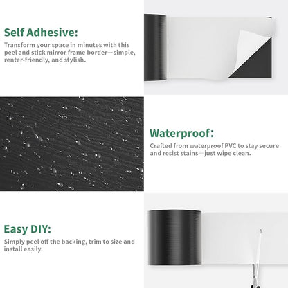 10M Peel and Stick Wallpaper Borders 390” x 4” Self Adhesive Mirror Frame Border Wood Grain DIY for Kitchen Bathroom Mirror Removal Border Sticker Wall Decor Cover 10.8 Sq.Ft, Black Wood