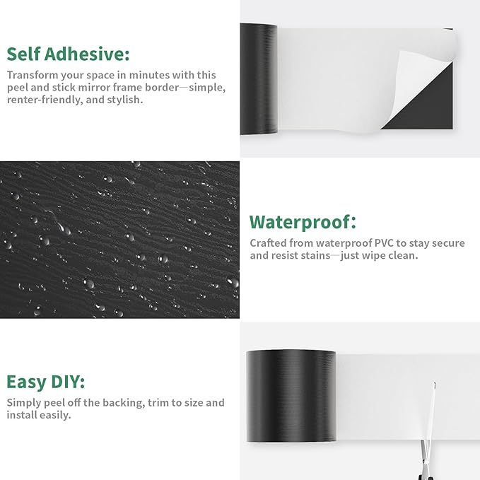 10M Peel and Stick Wallpaper Borders 390” x 2.36” Self Adhesive Mirror Frame Border Wood Grain DIY for Kitchen Bathroom Mirror Removal Border Sticker Wall Decor Cover 6.4 Sq.Ft, Black Wood