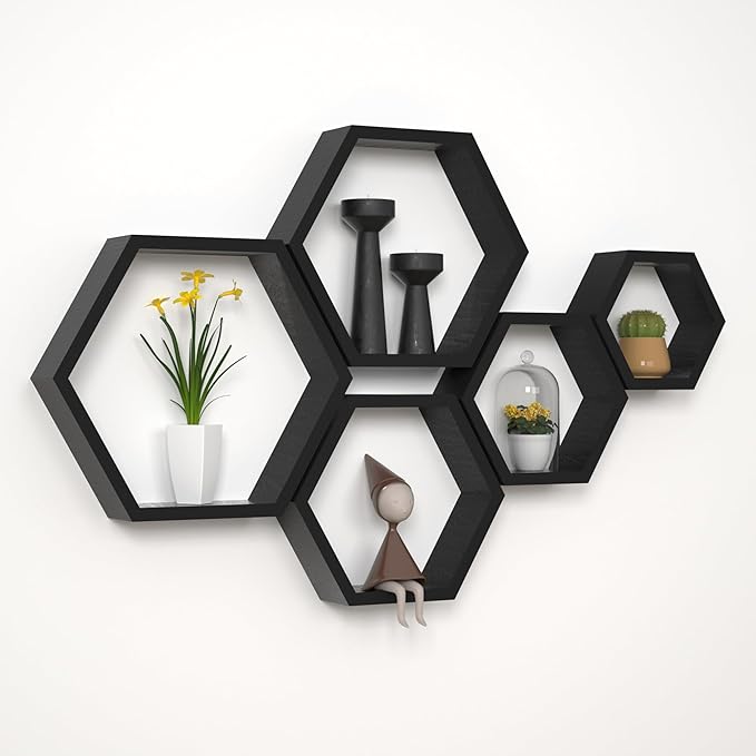 WONFUlity Hexagon Floating Shelves Honeycomb Wall Mounted Wood Farmhouse Storage for Bathroom, Kitchen, Bedroom, Living Room - Driftwood Finish Wall Decor, Black