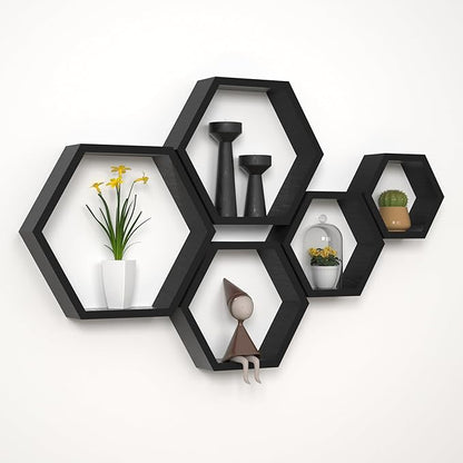 WONFUlity Hexagon Floating Shelves Honeycomb Wall Mounted Wood Farmhouse Storage for Bathroom, Kitchen, Bedroom, Living Room - Driftwood Finish Wall Decor, Black