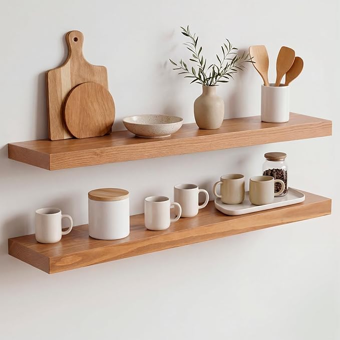 Homeforia 30 inch Golden Oak Floating Shelf, High End Solid Real Wood 30inch Small Floating Shelves for Wall Mounted, Oak Wooden 30in Floating Shelves, Heavy Duty Bracket, 30 X 6.5 X 1.75 in, Set of 4