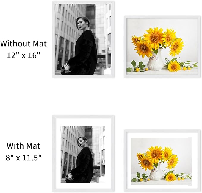 puthiac 12x16 Solid Oak Wood Picture Frame, Fits 8x12 with Mat or 12x16 Without Mat, Wall Display Only, Vertical or Horizontal, Plexi Front, 1 Pack, White
