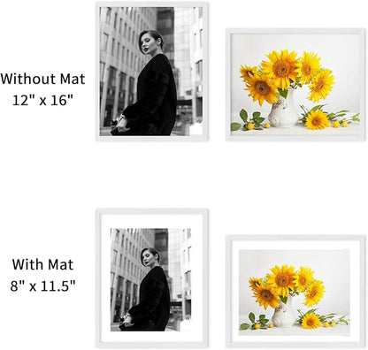 puthiac 12x16 Solid Oak Wood Picture Frame, Fits 8x12 with Mat or 12x16 Without Mat, Wall Display Only, Vertical or Horizontal, Plexi Front, 1 Pack, White