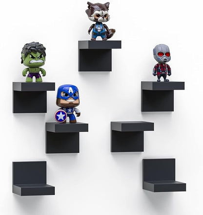 7-Pack Small Floating Shelves for Wall by RicherHouse, Plastic Black Shelf 4 Inch Display Ledges Room Decor, Mini with 2 Types of Installation (Adhesive or Screw)