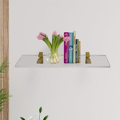Clear Acrylic Shelf 6" W x 18" L, 3/4" Thick Floating Shelves for Wall, Bathroom, Bookshelf, Storage, Shower, Bedroom, Living Room, Office ‎Easy Installation with Screws and Brass Finish Brackets