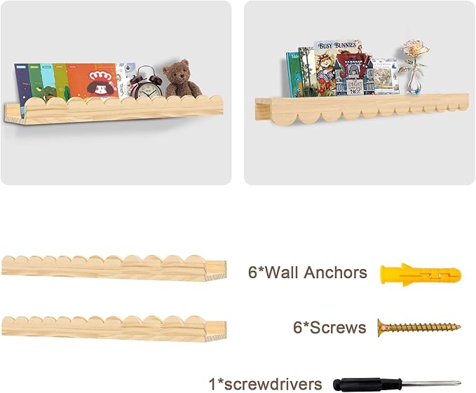 Nursery Book Shelves 24Inches-Floating Shelves for Bedroom Kids, Scalloped Shelves for Wall 2 Pack, Scalloped Shelf for Toddler Room, Baby Room, Nursery Decor, Natural, Large