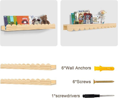 Nursery Book Shelves 24Inches-Floating Shelves for Bedroom Kids, Scalloped Shelves for Wall 2 Pack, Scalloped Shelf for Toddler Room, Baby Room, Nursery Decor, Natural, Large