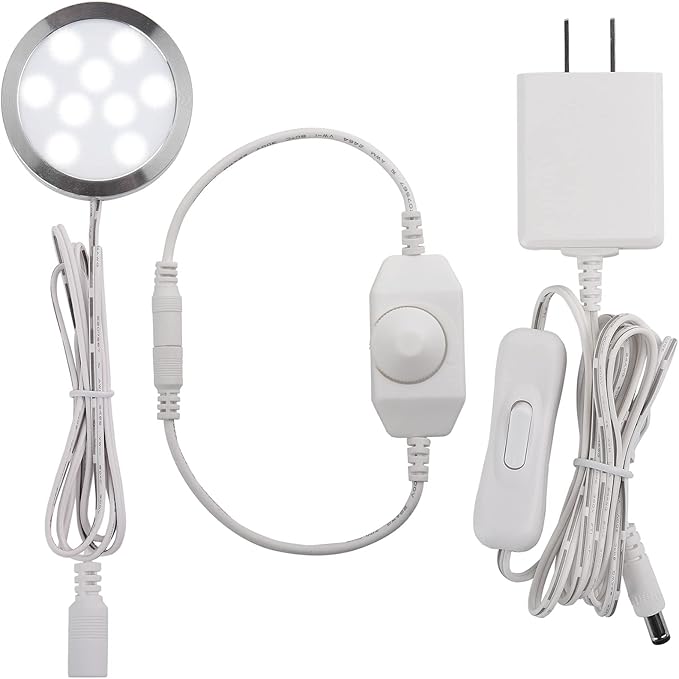 Under Cabinet Lighting, Single LED Puck Light for Kitchen Counter Cabinet Closet Accent Lighting, Rotary Dimmer Switch, 120VAC Plug in, White Cord, Cool White