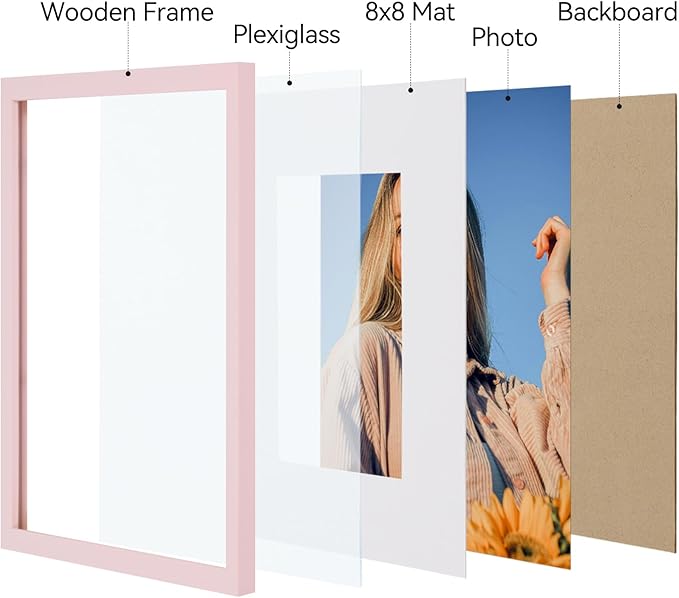 Vittanly 12x12 Picture Frames Set of 4, Display Pictures 8x8 with Mat or 12x12 without Mat, Gallery Frame for Wall Display, Engineered Wood with Shatter Resistant Plexiglass, Pale Pink