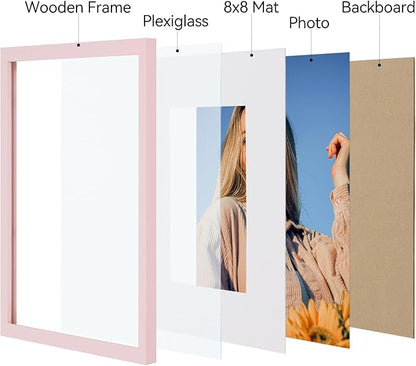 Vittanly 12x12 Picture Frames Set of 4, Display Pictures 8x8 with Mat or 12x12 without Mat, Gallery Frame for Wall Display, Engineered Wood with Shatter Resistant Plexiglass, Pale Pink