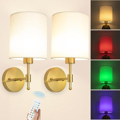 Battery Operated Wall Sconces Set of Two, Wireless Battery Wall Lamp with Remote Control, 12 Colors RGB Magnetic Bulb, Rechargeable Gold Wall Sconce for Bedroom Living Room Hallway