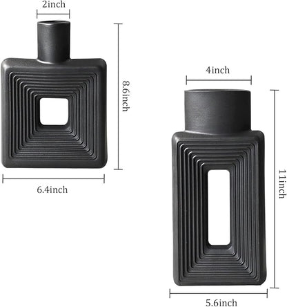 Black Ceramic Vase Set of 2，Square Vase Rustic Home Decor Minimalist Nordic Boho Style for Living Room, Shelf, Table, Bookshelf, Mantel and Entryway Decor Vases