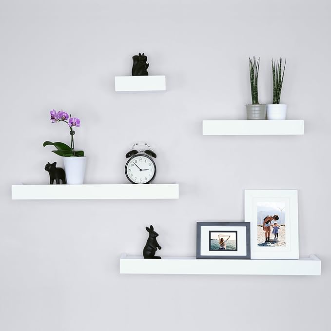 Ballucci Modern Ledge Wall Shelves, Set of 4 Wood Floating Shelves for Bedroom, Bathroom, Living Room, Kitchen, Nursery, White