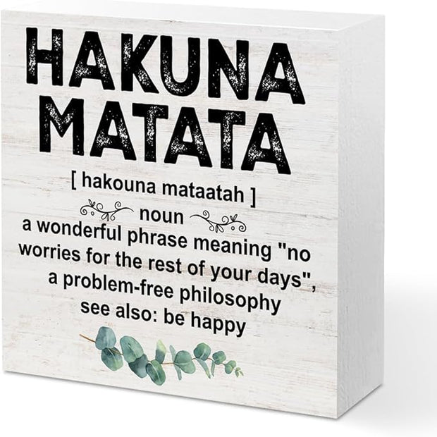 Motivational Gifts for Women Men, Inspirational Hakuna Matata Definition Wood Box Sign Desk Decor, Eucalyptus leaves Wooden Box Decorative Signs for Home Office Living Room Table Shelf Cubicle