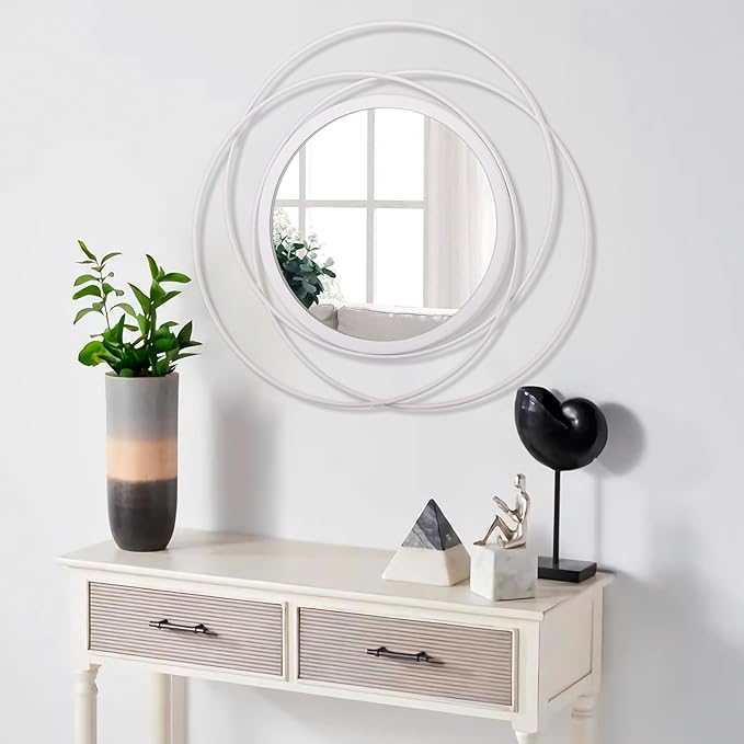 White Round Wall-Mounted Mirrors Wire Modern Metal Frame Arts Mirrors Home Decoration Hallway Bathroom Bedroom Living Room Farmhouse Entryway Large 20