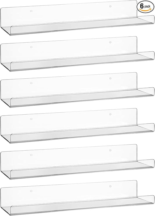 Acrylic Floating Shelves for Wall 6 Pack, 15" Acrylic Shelves for Room Decor, Book Shelf for Kids, Clear Hanging Display Shelf Organizer for Kitchen, Bedroom, Bathroon Organizers and Storage