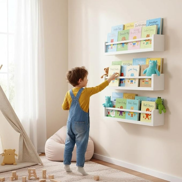White Nursery Floating Shelves Set of 3– Wall Mounted Kids Bookshelf & Toy Organizer – 16 Inch Rustic Pine Hanging Display Book Shelves for Bedroom, Playroom, and Baby Decor