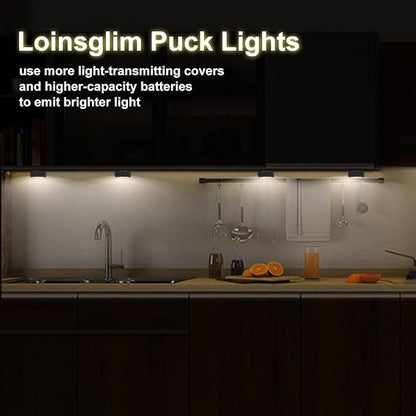 Puck Lights with Remote Control, Wireless LED Puck Light for Kitchen,Battery Operated Under Cabinet Lights, Under Counter Lighting Dimmable, Stick On Lights for Closet Black (4pack)