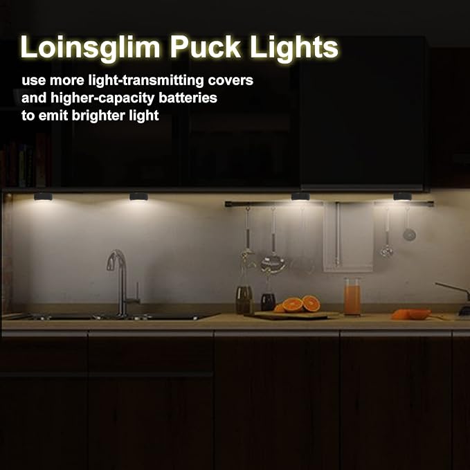 Puck Lights with Remote Control, Wireless LED Puck Light for Kitchen,Battery Operated Under Cabinet Lights, Under Counter Lighting Dimmable, Stick On Lights for Closet Black (4pack)