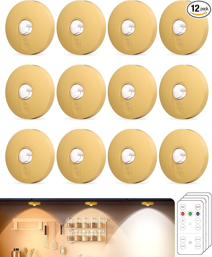 Rechargeable Puck Lights With Remote Control, 1500mAh Battery Operated Tap Lights, Dimmer & Timer Under Cabinet Light, Wireless LED Stick-On for Closet, Bedroom, Kitchen - Gold 12Pcs