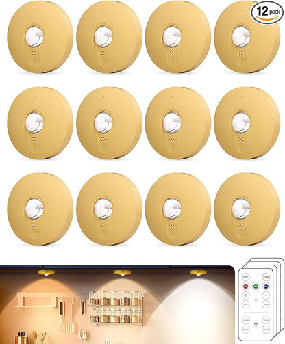 Rechargeable Puck Lights With Remote Control, 1500mAh Battery Operated Tap Lights, Dimmer & Timer Under Cabinet Light, Wireless LED Stick-On for Closet, Bedroom, Kitchen - Gold 12Pcs