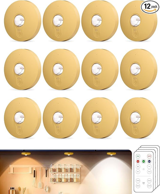 Rechargeable Puck Lights With Remote Control, 1500mAh Battery Operated Tap Lights, Dimmer & Timer Under Cabinet Light, Wireless LED Stick-On for Closet, Bedroom, Kitchen - Gold 12Pcs