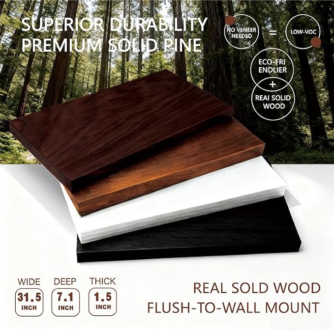 Solid Wood Floating Shelves,31.5in Finished Real Wood Wall Shelves with Heavy-Duty Hidden Bracket, Easy Installation, Set of 2, 31.5in x 7.1in x 1.5in, for Living Room Bedroom Kitchen,Black