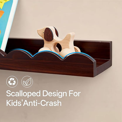 Walnut Scalloped Book Shelf, Dark Wood Nursery Book Shelves Set of 2 Pine Wooden Floating Bookshelf for Wall Cloud Picture Ledge Shelf for Kids Bedroom Baby Child Toddler Room Kitchen(90cm)