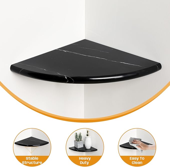 Black Marble Corner Shower Shelf, 9 Inch Marble Corner Shelf for Bathroom Shower Decor, Wall Mounted, Polished, 2 Pcs