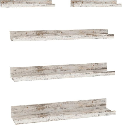 Giftgarden 24 Inch Wall Mounted Floating Shelves Set of 5, Distressed White Wood Wall Shelves for Bathroom, Bedroom, Kitchen, Living Room Storage and Decoration, Rustic Wooden Picture Ledge