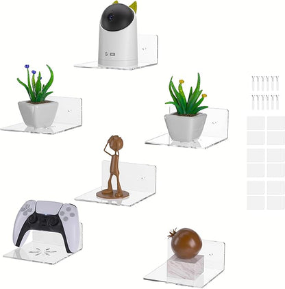 Acrylic Wall Shelves,Clear 6 inch Floating Shelves for Display,Echo,Cameras,Speaker,Plant,Router Wall Mounted Transparent Small Invisible Shelves with Adhesive Bedroom Bathroom Living Room Decoration