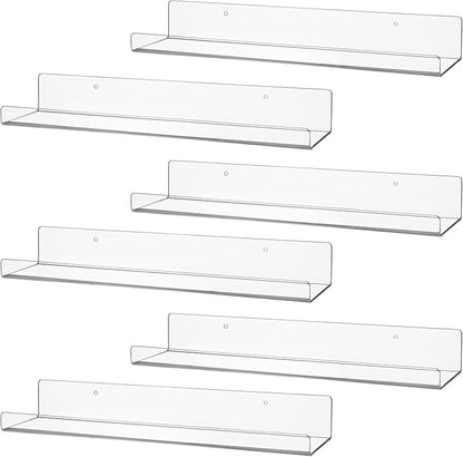 6 Pack Clear Acrylic Floating Shelves for Wall, 15'' Plastic Wall Mounted Display Shelf Kids Bookshelf and Spice Organizer for Bedroom, Living Room, Kitchen, Bathroom, Office
