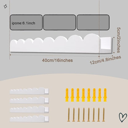 Scalloped Shelves for Nursery - Wall Book Shelves for Bedroom Kids, Nursery Bookshelf for Wall Set of 4, Floating Book Shelves Solid Wood,16 Inch, White