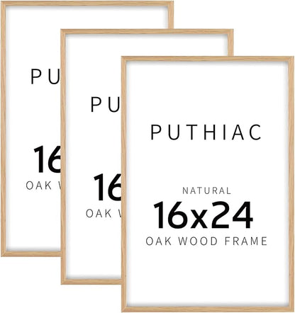 puthiac 16x24 Solid Oak Wood Picture Frame, 16 x 24 Poster Frames for Wall, Vertical or Horizontal, Plexi Front, 3 Pack, Natural Oak